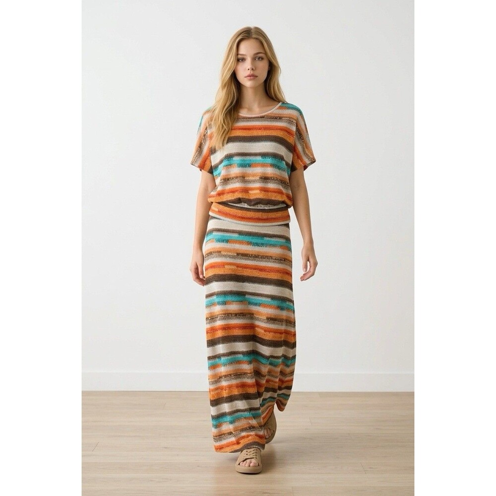 Veronica M Tie-back Drop Waist Short Sleeve Maxi Multicolor Dress  Size XL